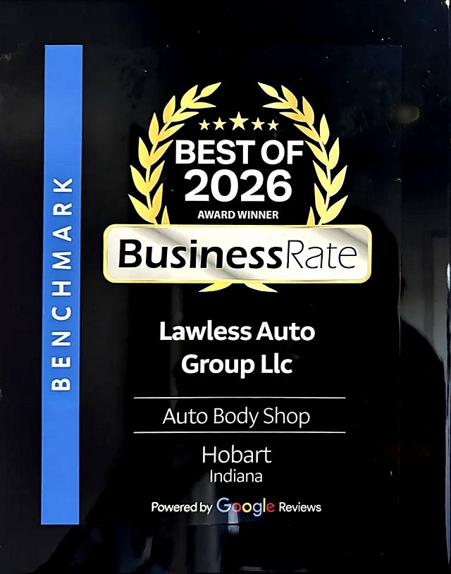 Plaque: BusinessRate Best of 2026 Award Winner, Lawless Auto Group LLC, Auto Body Shop, Hobart, Indiana, powered by Google Reviews